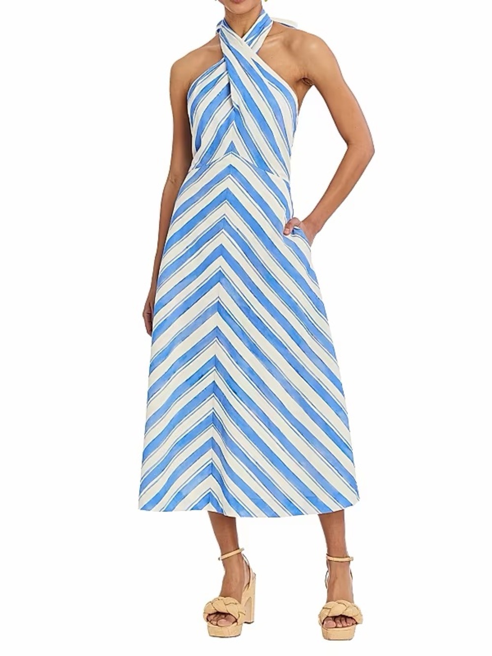 Striped Blue & White Halter Midi Dress